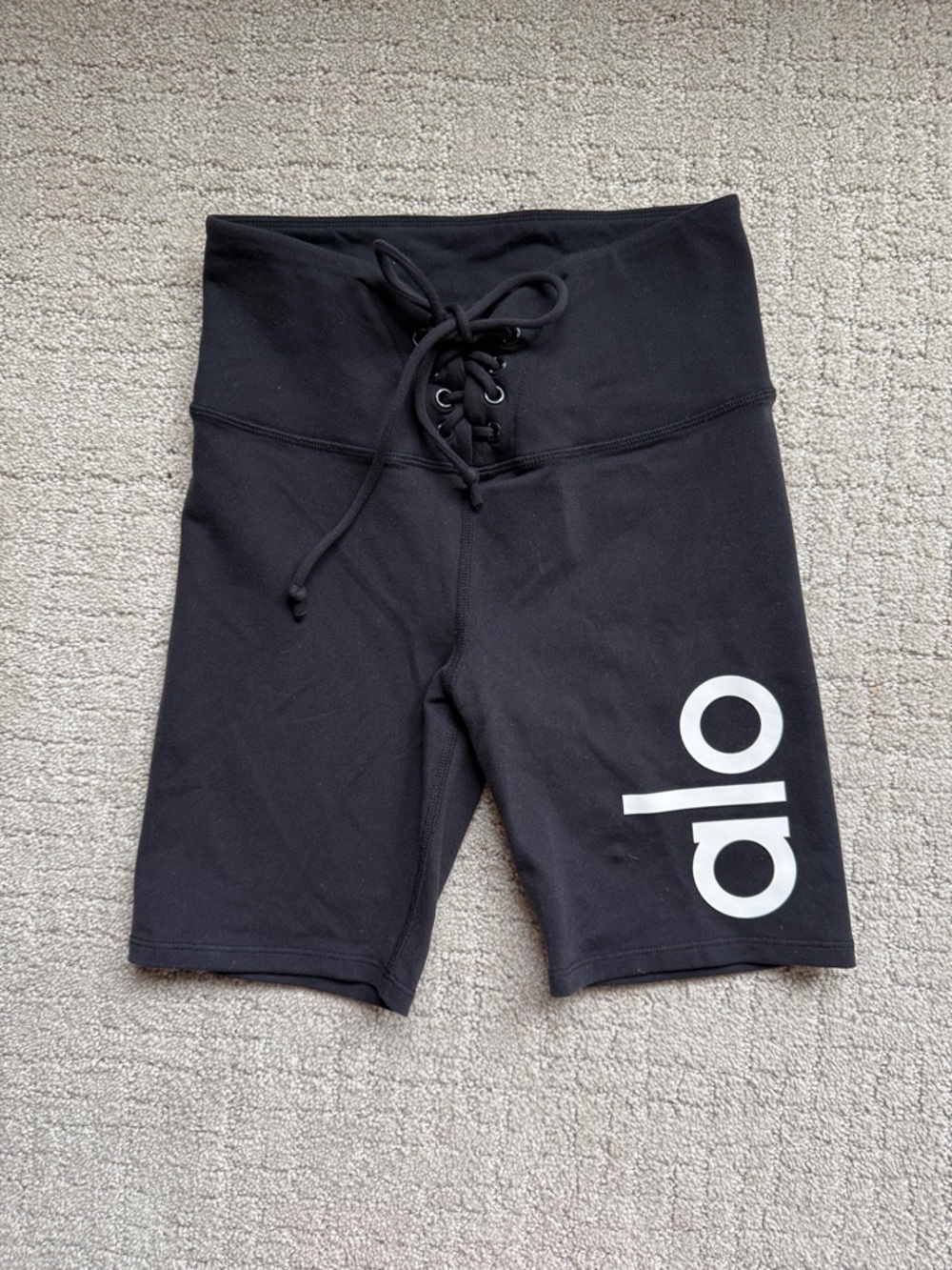 ALO Yoga Black High-Waist Lace-Up Bike Shorts with White Logo